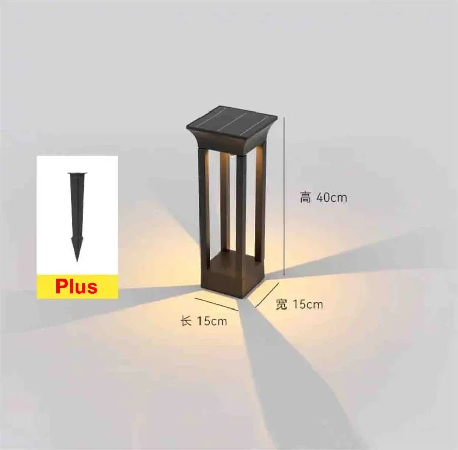Hashira Column solar-powered outdoor lamp with four pillars and measurements, casting a soft glow.