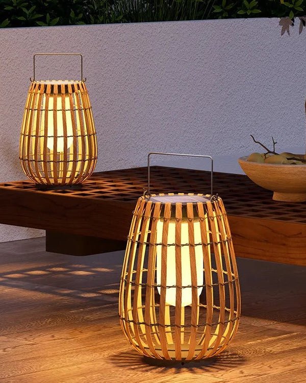 Shibui Lantern illuminating a minimalist Japandi outdoor patio