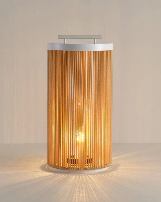 Close-up of Komorebi Lantern showcasing minimalist Japandi design with 3000K warm glow