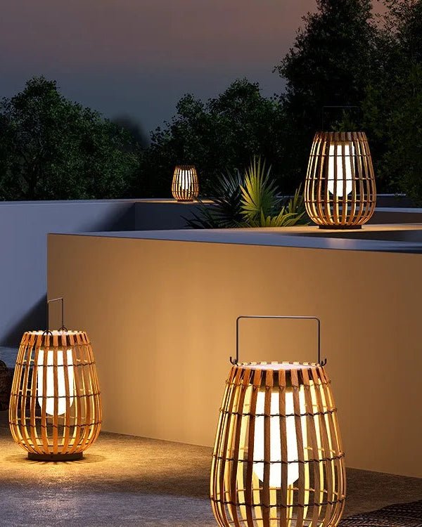 Shibui Lantern illuminating a minimalist Japandi outdoor patio