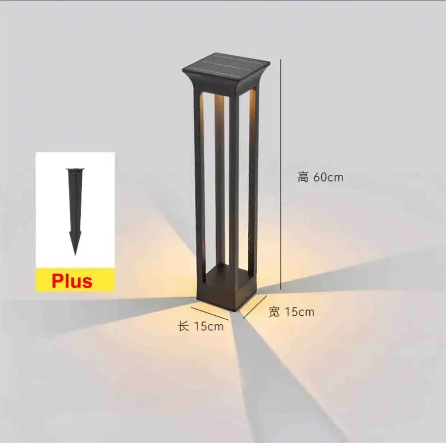 Hashira Column solar-powered lamp with four pillars and soft glow, dimensions 60cm height, 15cm width.